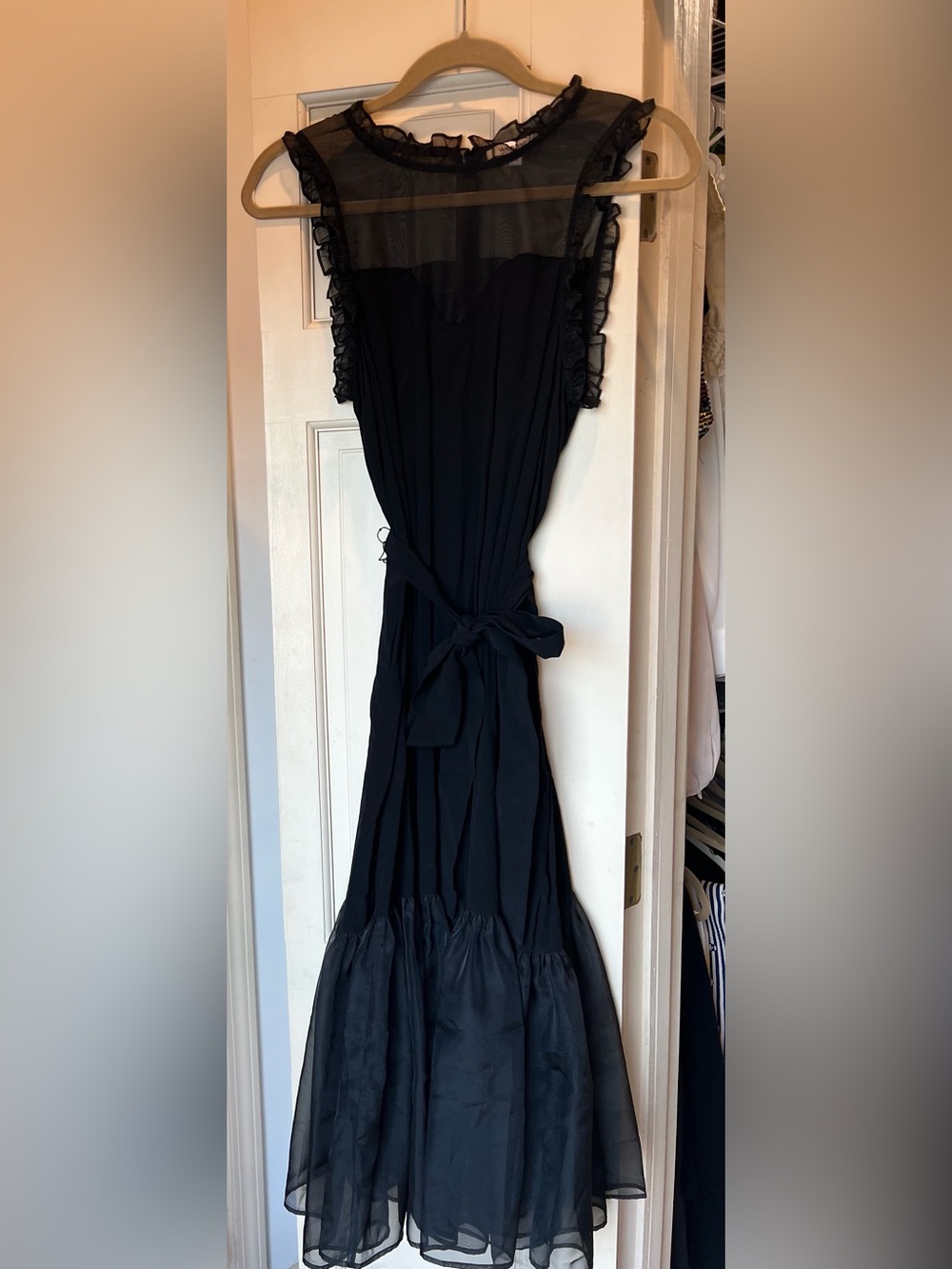 Black Ruffle-Trim Maxi Dress with Waist Tie